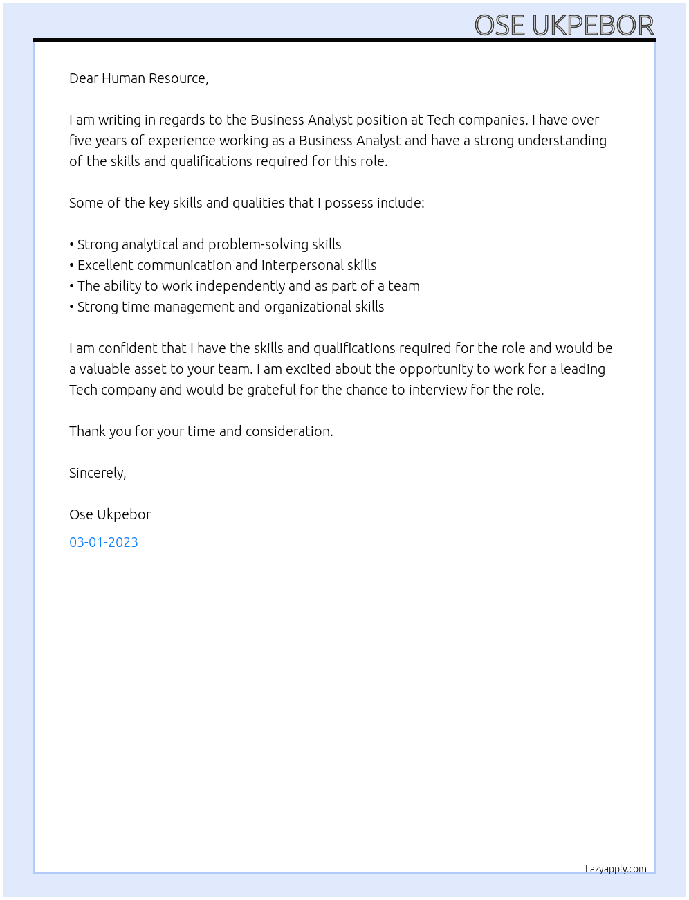 BUSINESS ANALYST At Tech companies Cover Letter