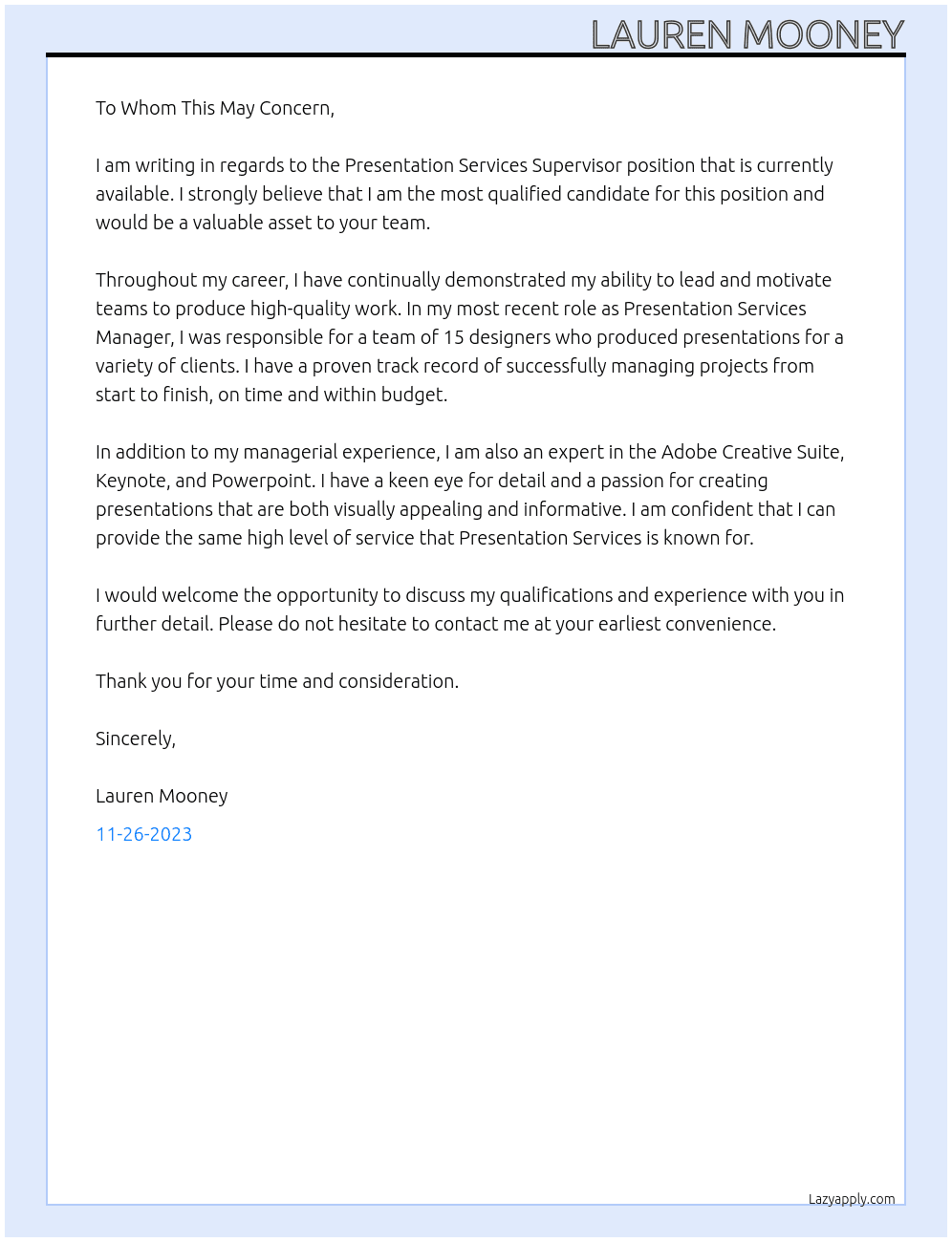 Presentation Services At Presentation Services Supervisor Cover Letter