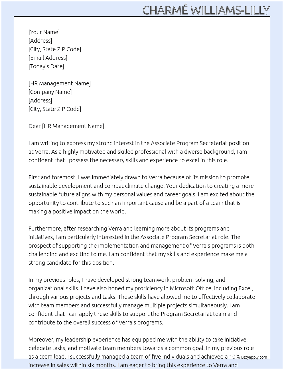 Associate Program Secretariat  At Verra  Cover Letter