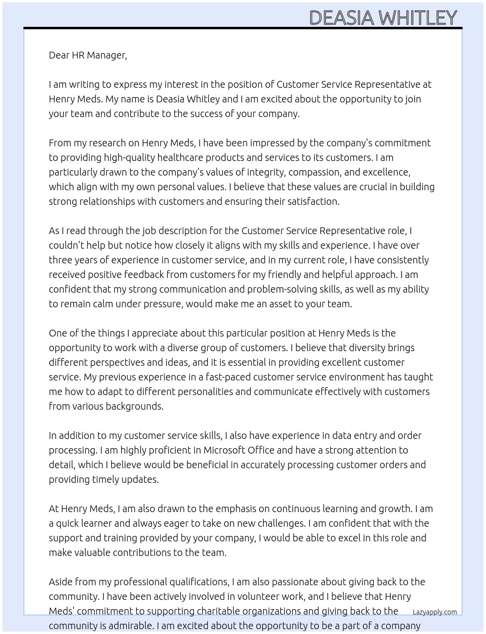 Customer service representative  At Henry Meds Cover Letter