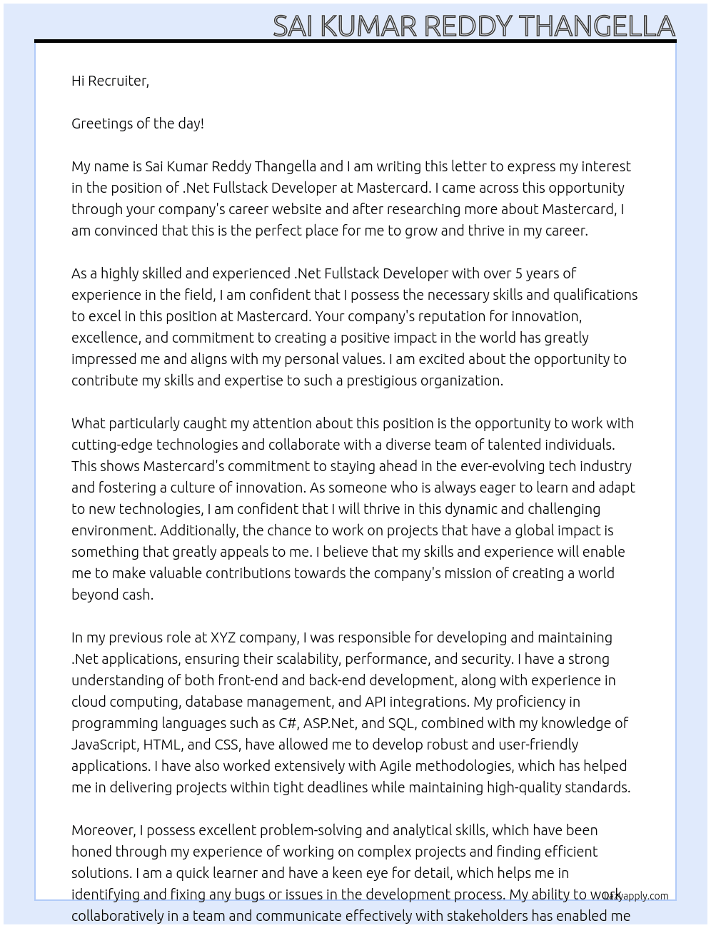 Cover letter for .net fullstack developer - LazyApply