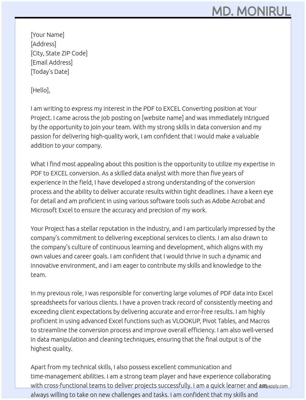 PDF to EXCEL Converting At Your Project Cover Letter