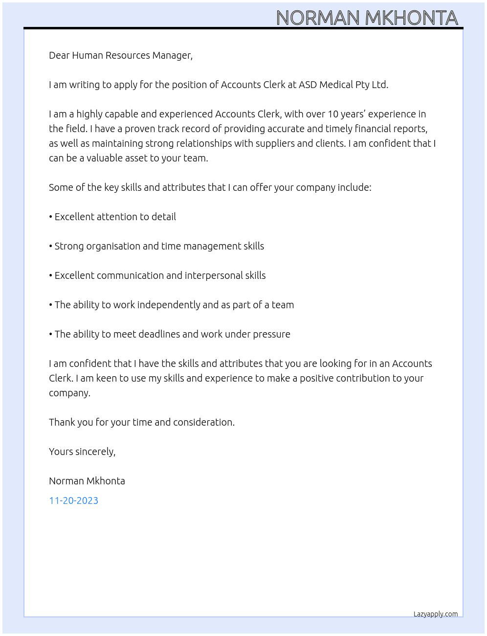 Accounts Clerk At ASD Medical Pty Ltd Cover Letter