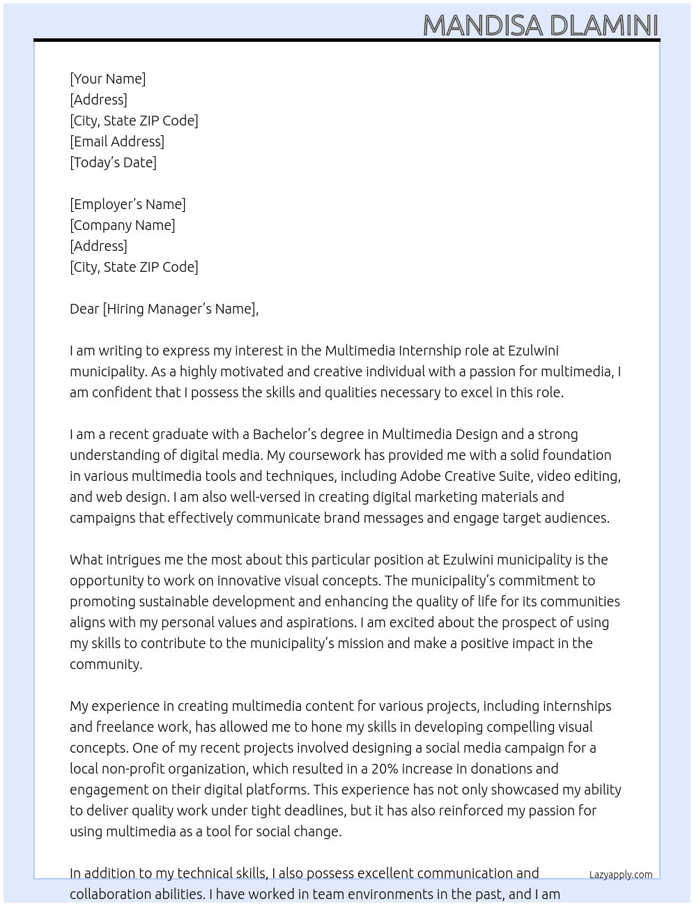 Multimedia  At Ezulwini municipality  Cover Letter