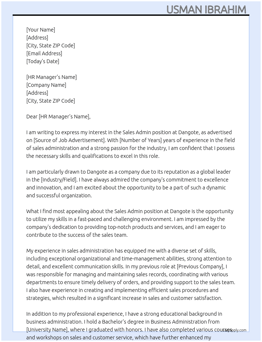 Sales Admin  At Dangote  Cover Letter
