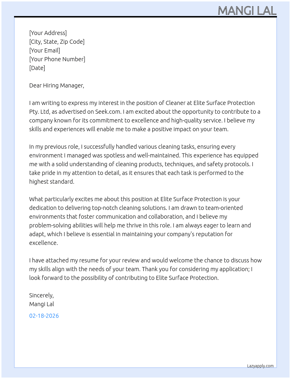 Cleaning Services At Elite surface protection pty. Ltd Cover Letter