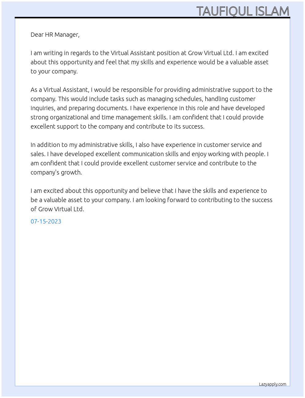 Virtual Assistant At Grow Virtual Ltd Cover Letter