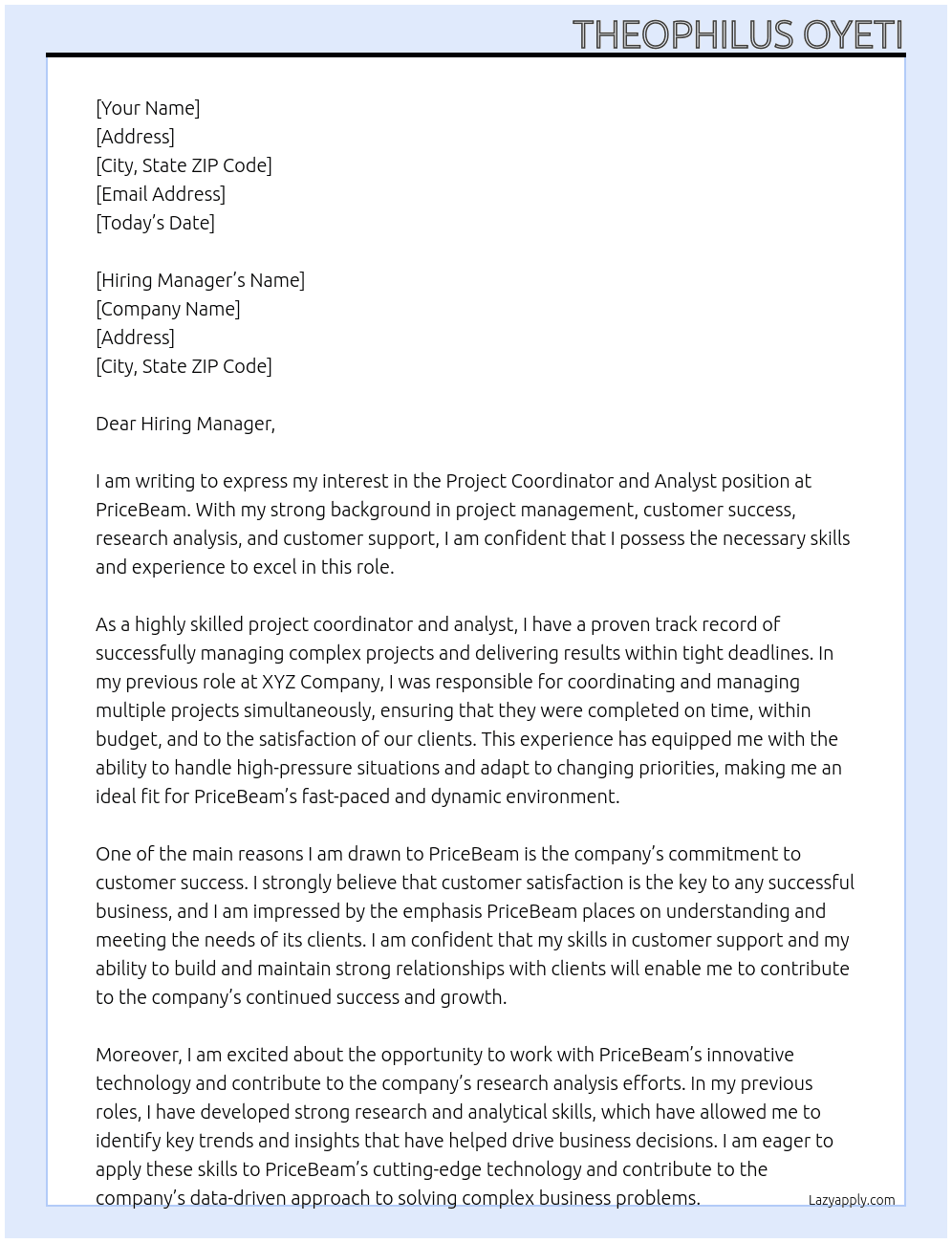 Project Coordinator and Analyst At PriceBeam Cover Letter