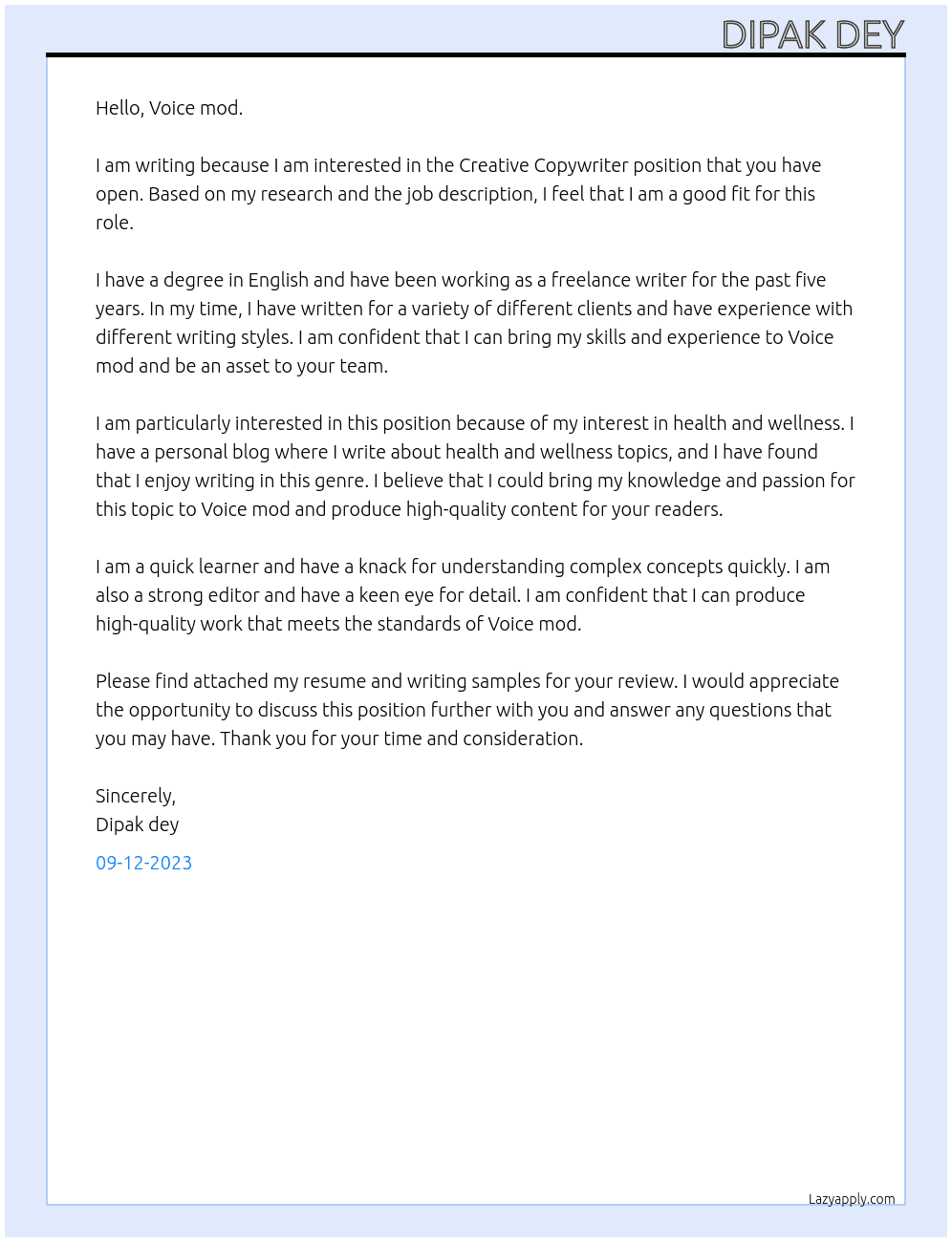 Creative Copywriter At Voice mod Cover Letter