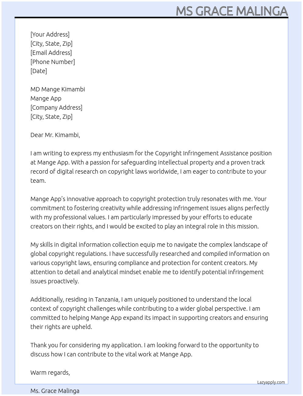 Copyright infringement assistance  At MANGE APP Cover Letter