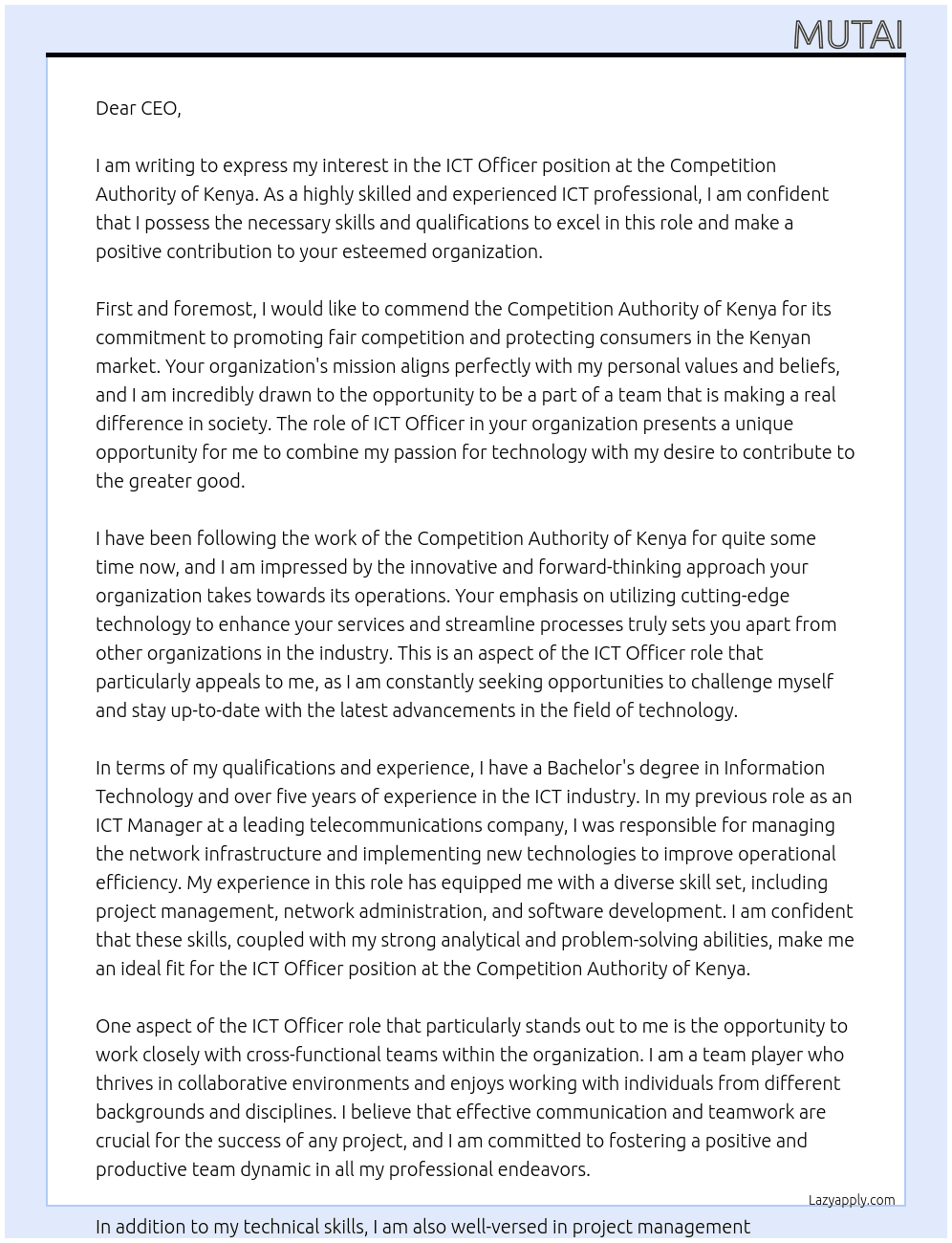 ICT OFFICER At COMPETITION AUTHORITY OF KENYA  Cover Letter