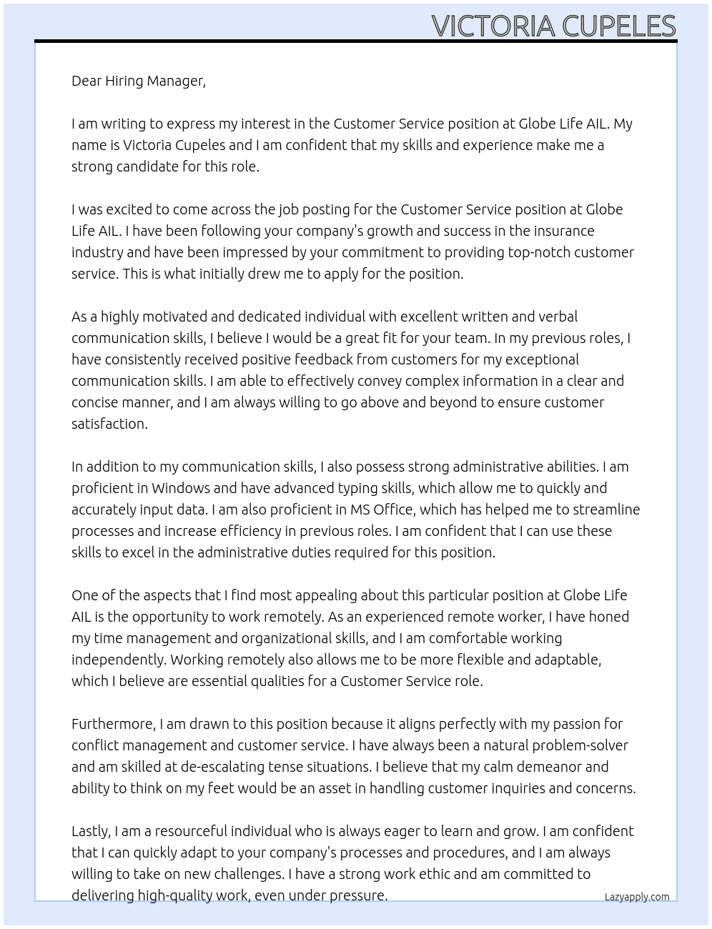 Customer Service At Globe Life AIL Cover Letter