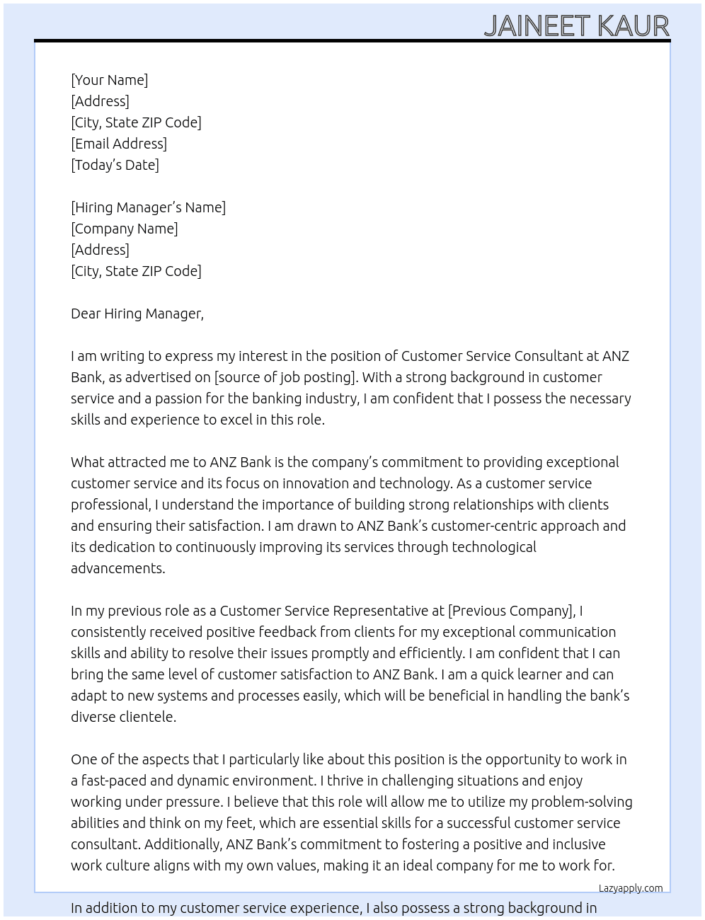 Customer Service Consultant At ANZ Bank Cover Letter