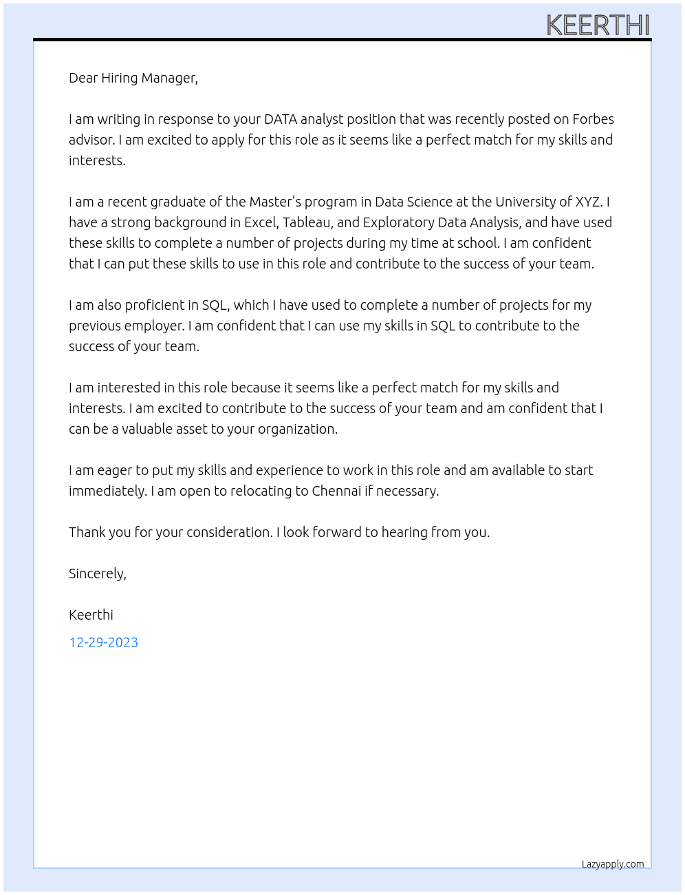 DATA analyst At Forbes advisor Cover Letter