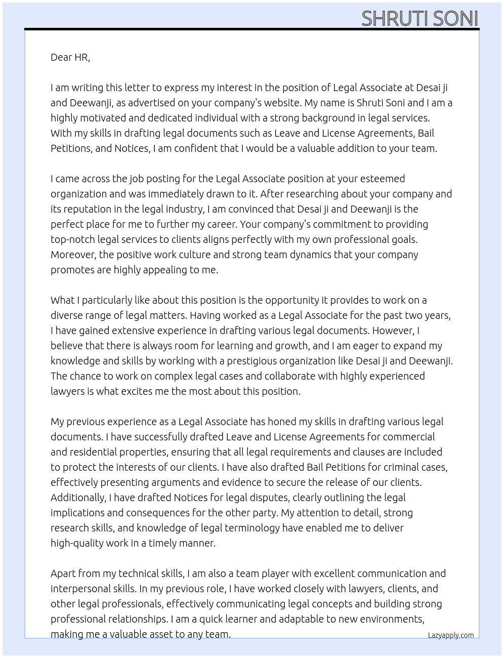 Legal Associate  At Desai ji and Deewanji Cover Letter