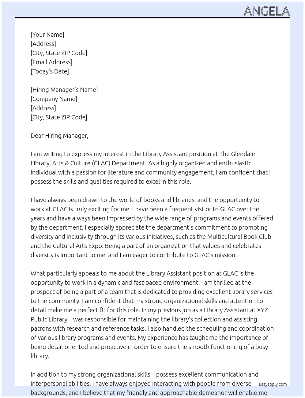 Library Assistant At The Glendale Library, Arts & Culture (GLAC) Department Cover Letter