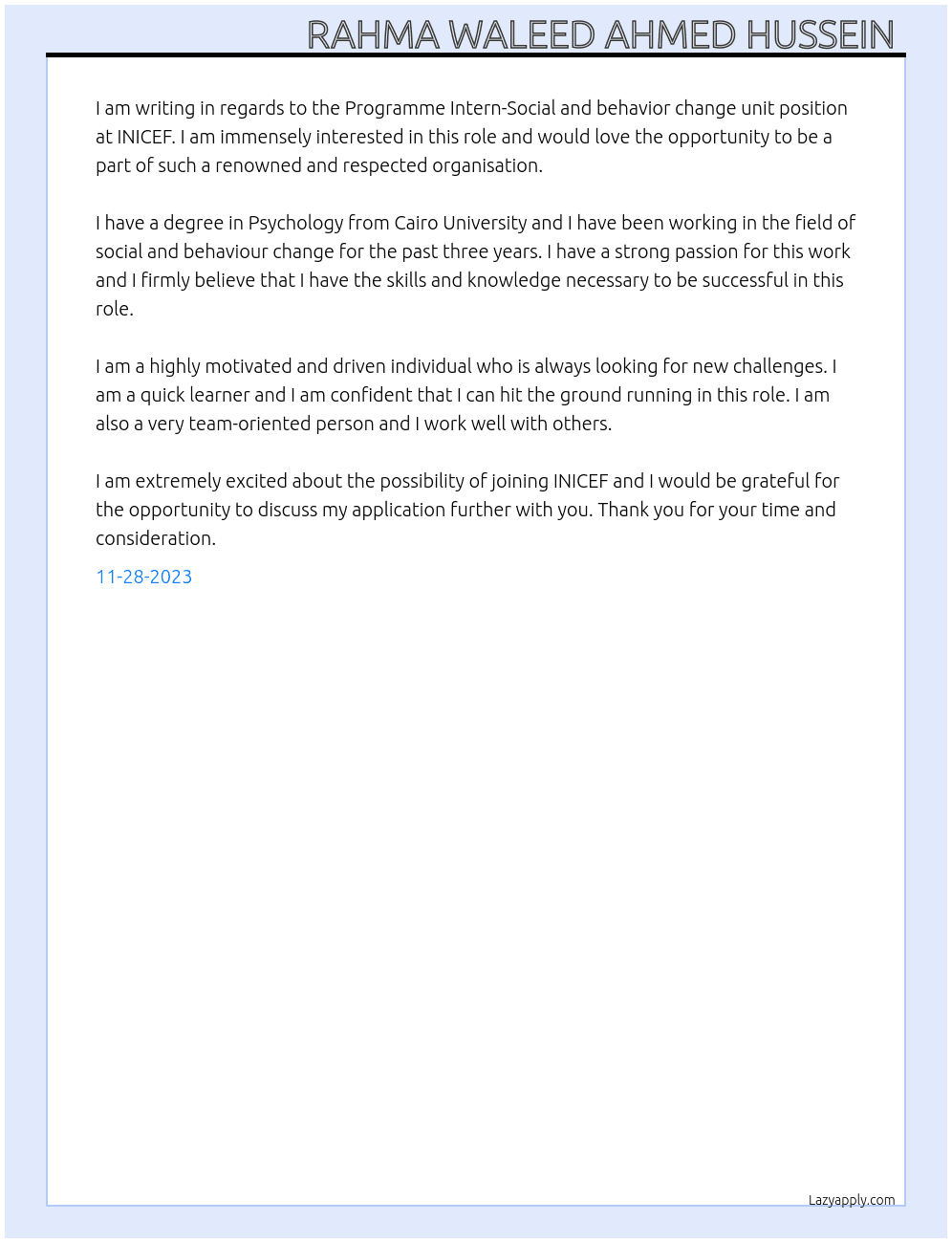 Programme Intern-Social and behavior change unit At INICEF Cover Letter