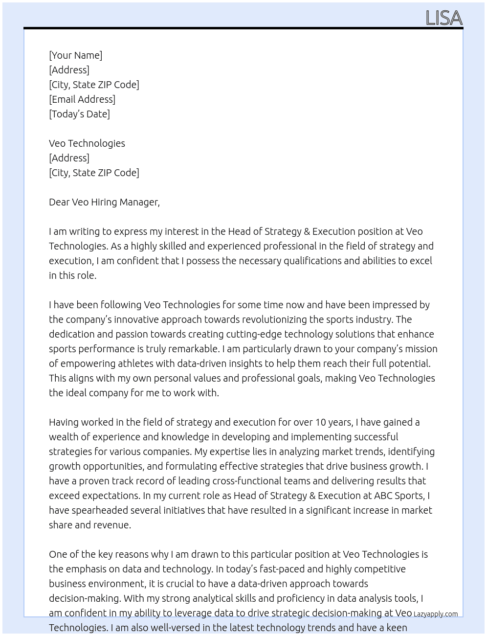  Head of Strategy & Execution At Veo Technologies  Cover Letter