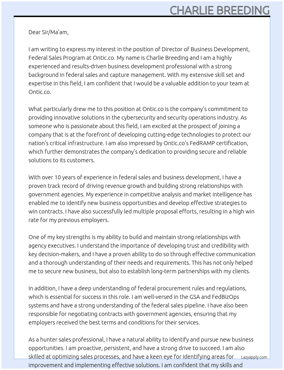 Director of Business Development, Federal Sales Program At Ontic.co Cover Letter