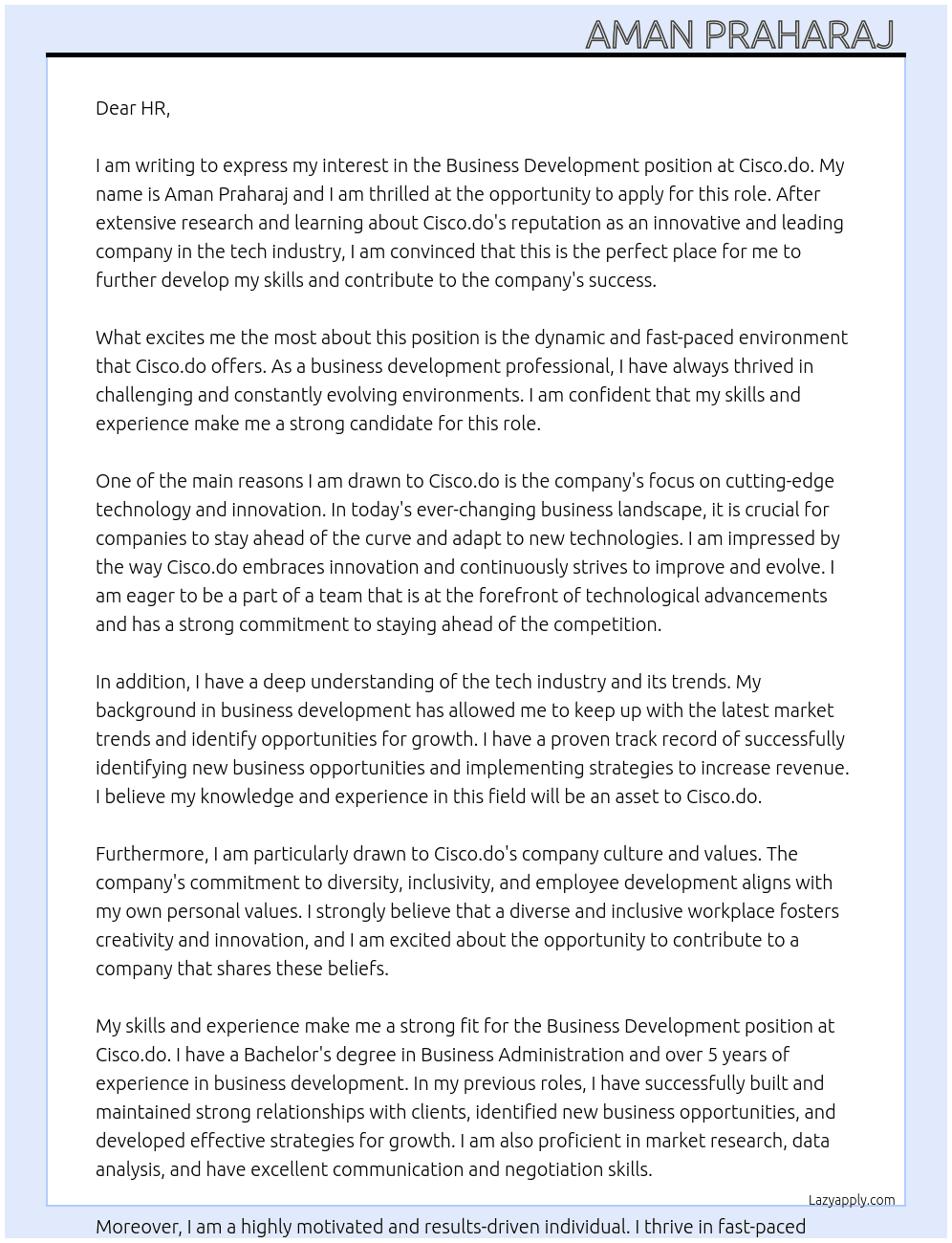Business development  At Cisco.do Cover Letter