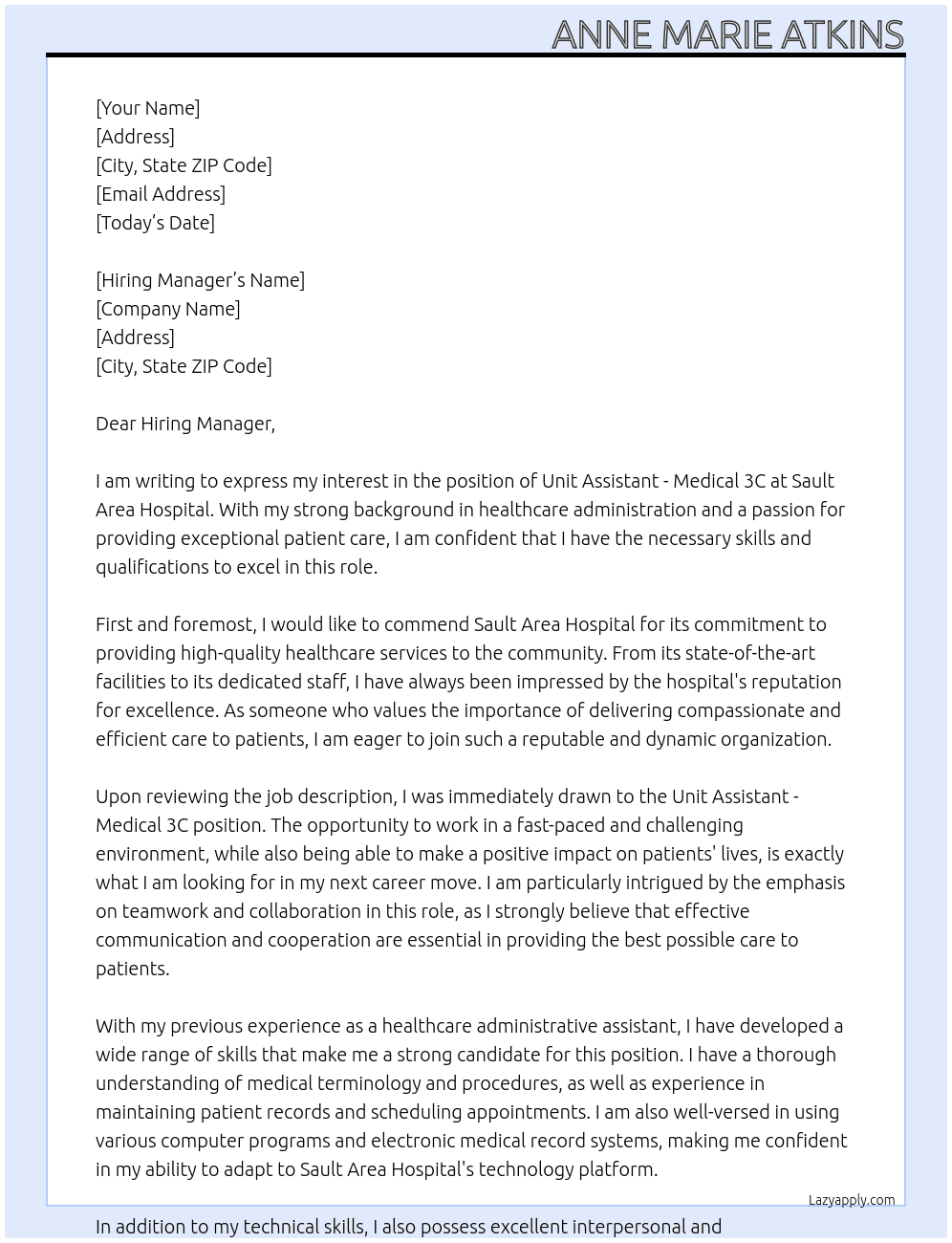 Unit Assistant - Medical 3C At Sault Area Hospital  Cover Letter