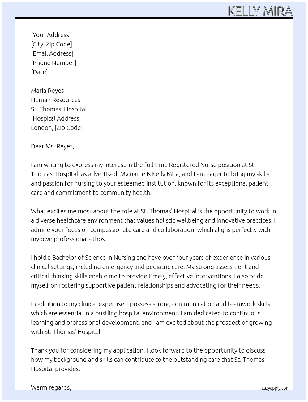 Registered Nurse At St. Thomas' Hospital in London Cover Letter