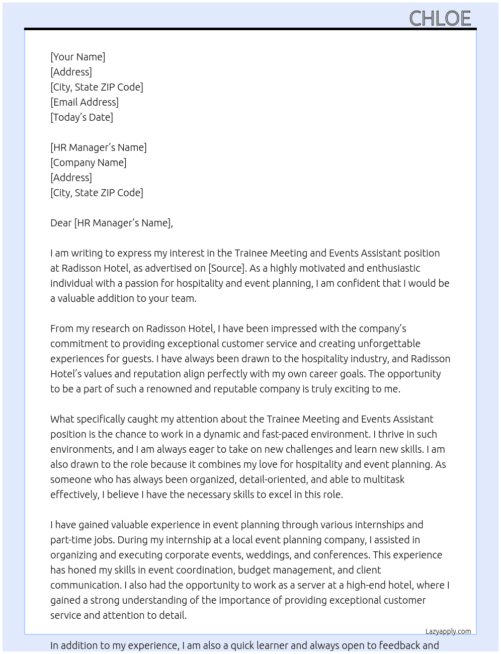 trainee meeting and events assistant  At Radisson hotel Cover Letter