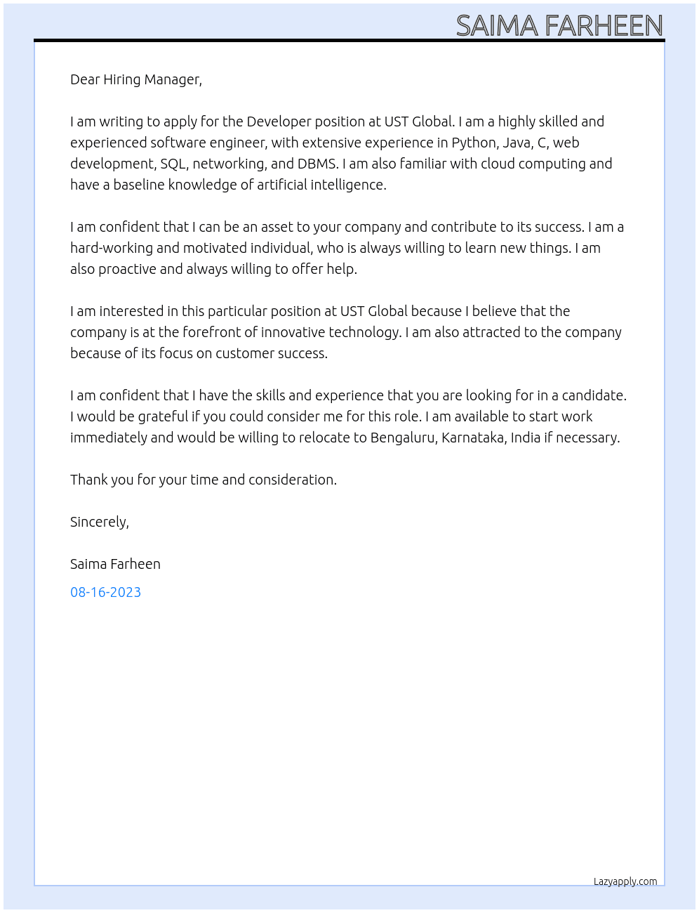  Developer At UST Global  Cover Letter