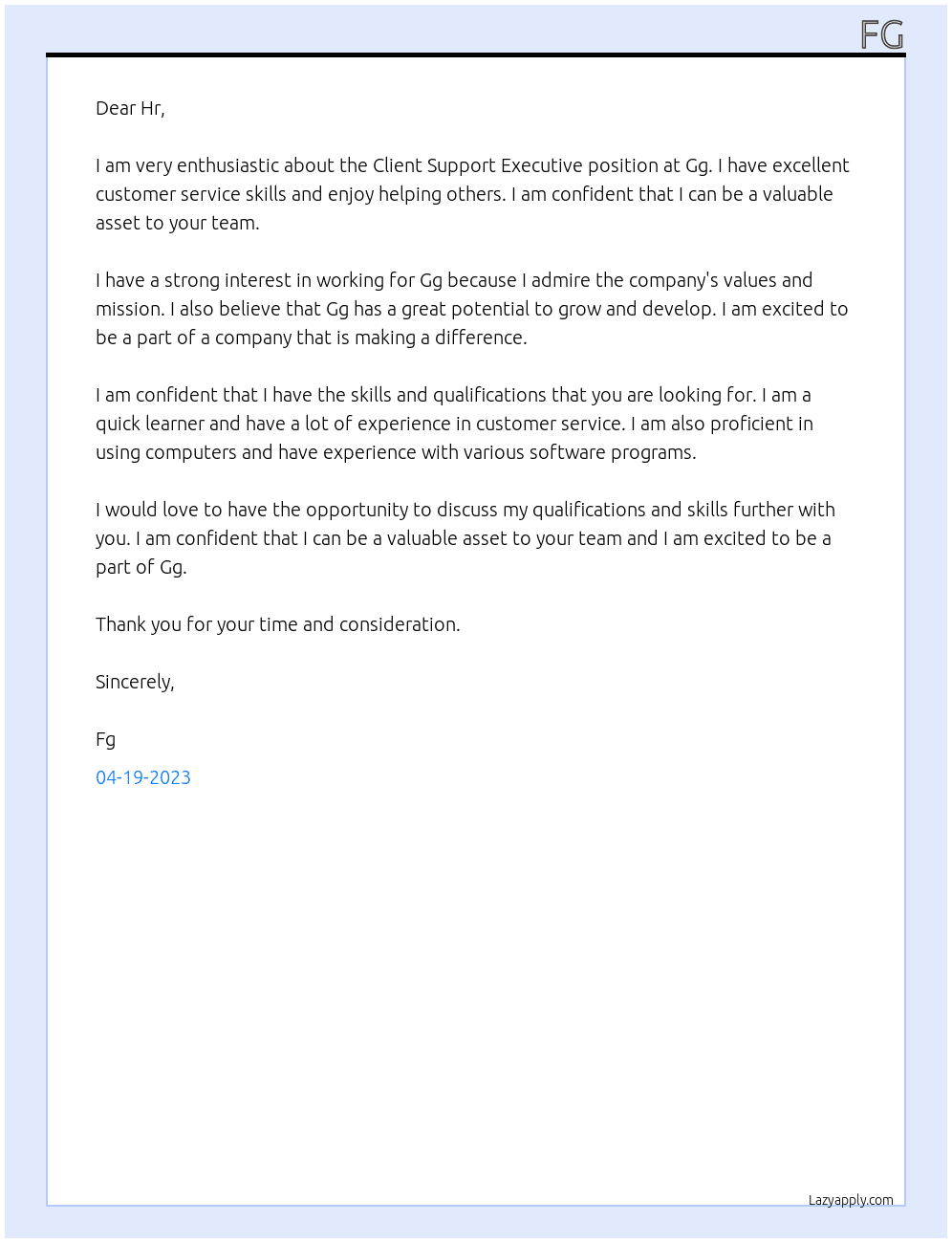 Client support executive  At Gg Cover Letter