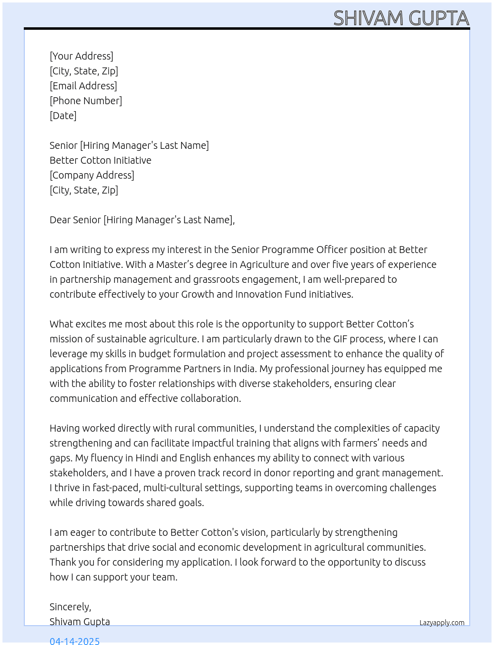 Senior Programme Officer At Better Cotton Initiative Cover Letter