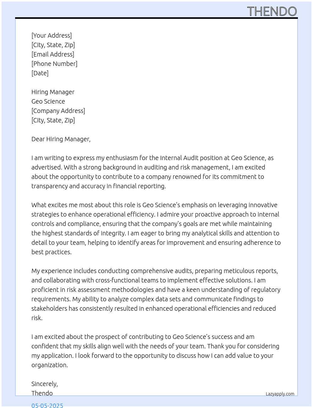 Internal Audit  At Geo Science Cover Letter