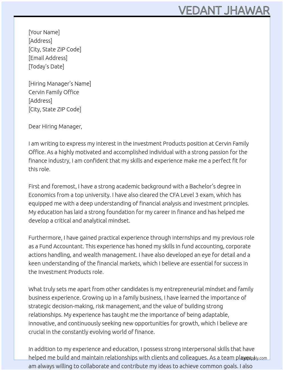 Investment Products At Cervin Family Office Cover Letter