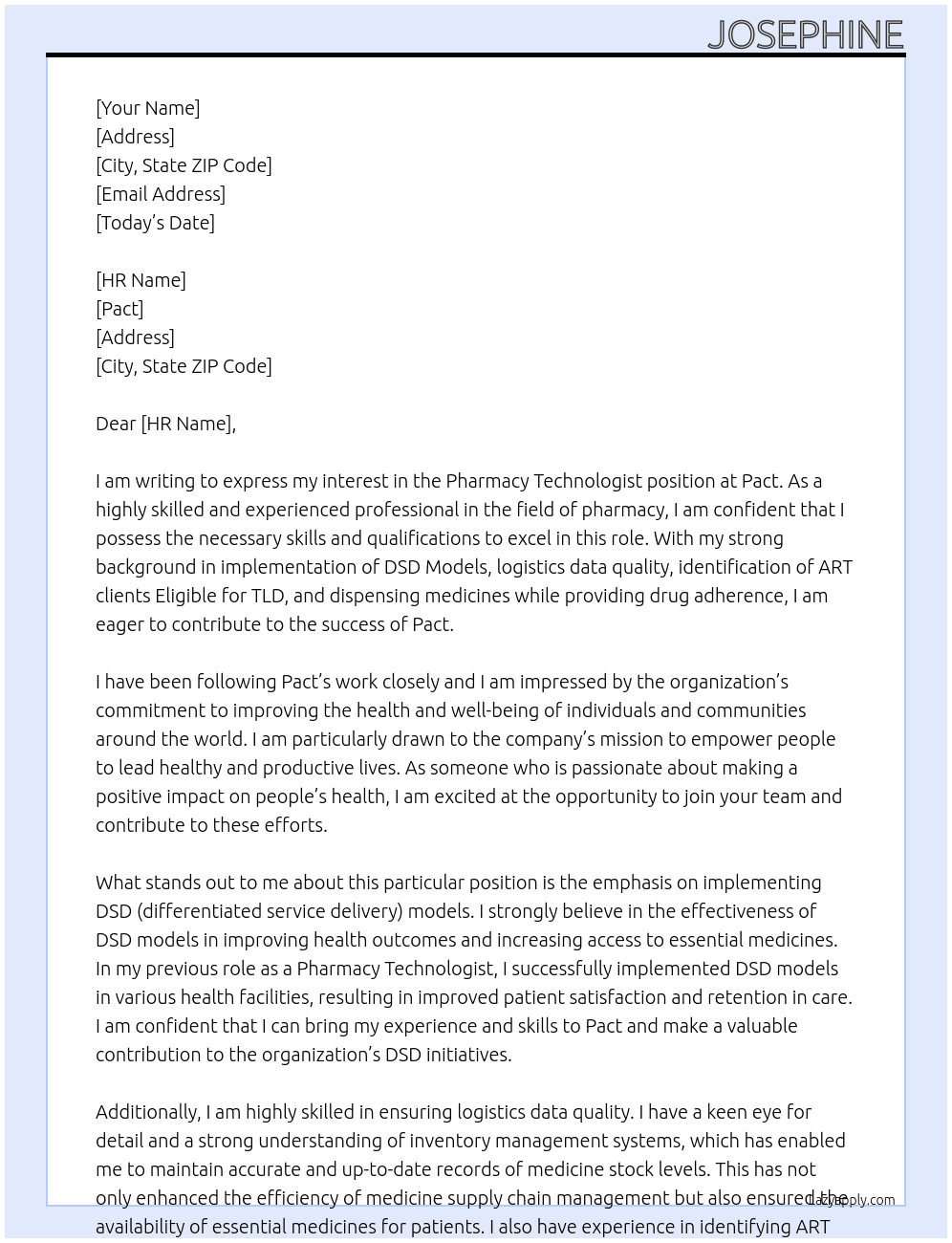Pharmacy Technologist At Pact Cover Letter