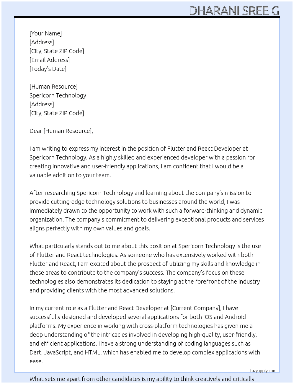 Flutter and react developer At Spericorn Technology Cover Letter