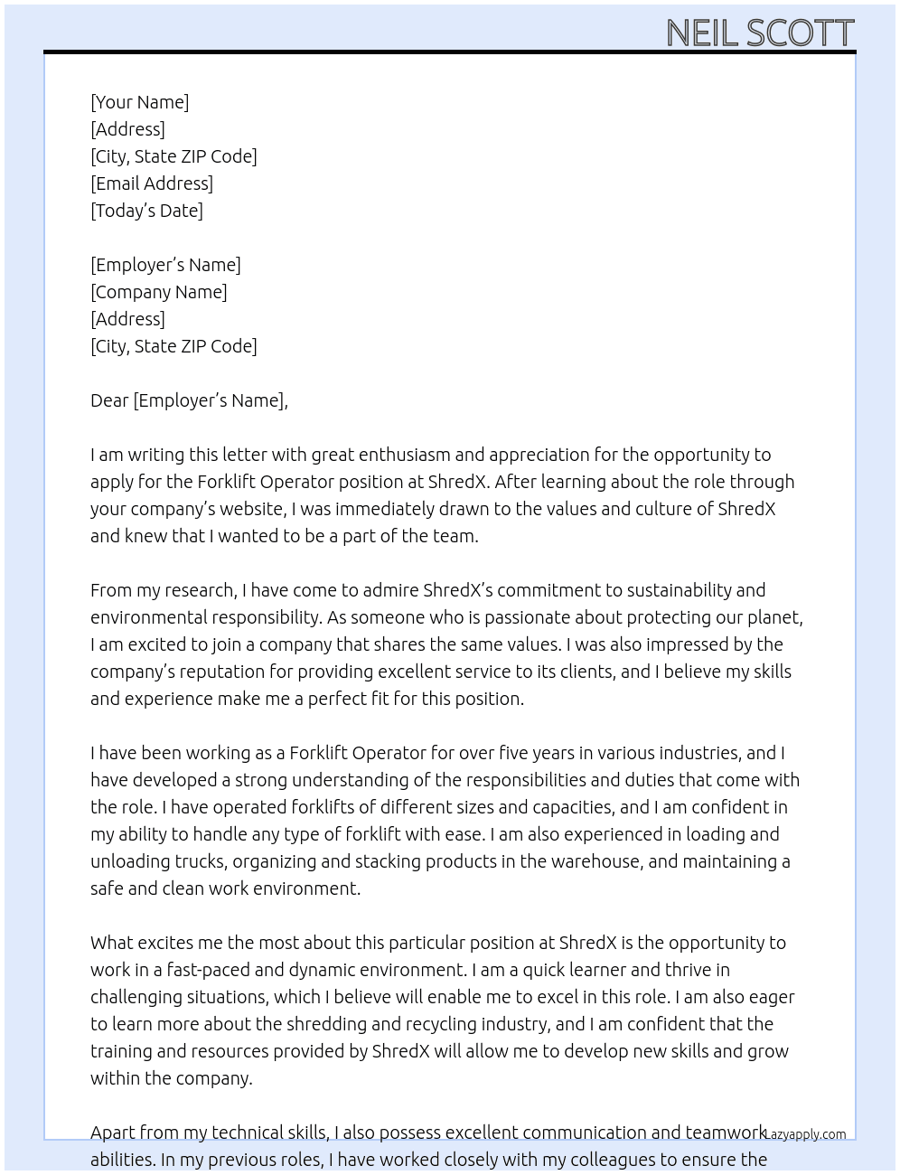 Forklift Operator  At ShredX Cover Letter