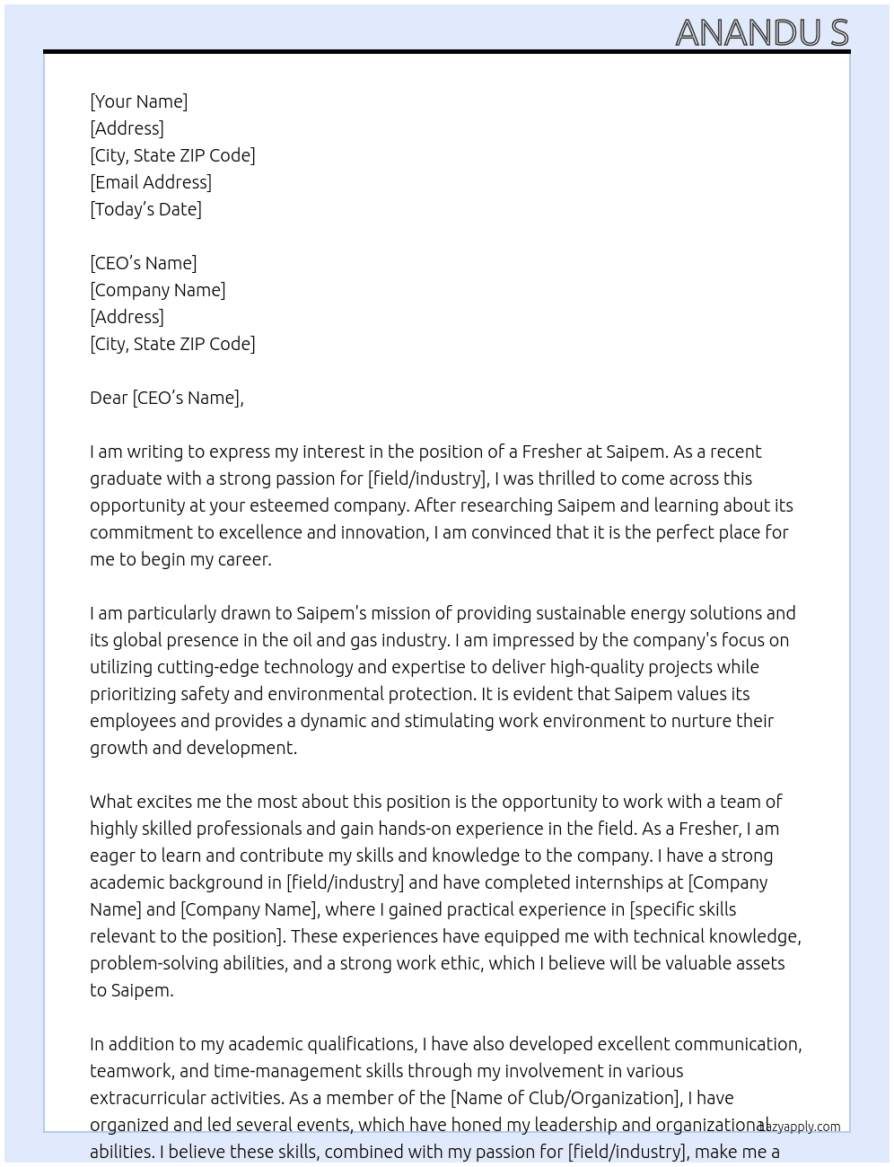 Fresher  At Saipem Cover Letter
