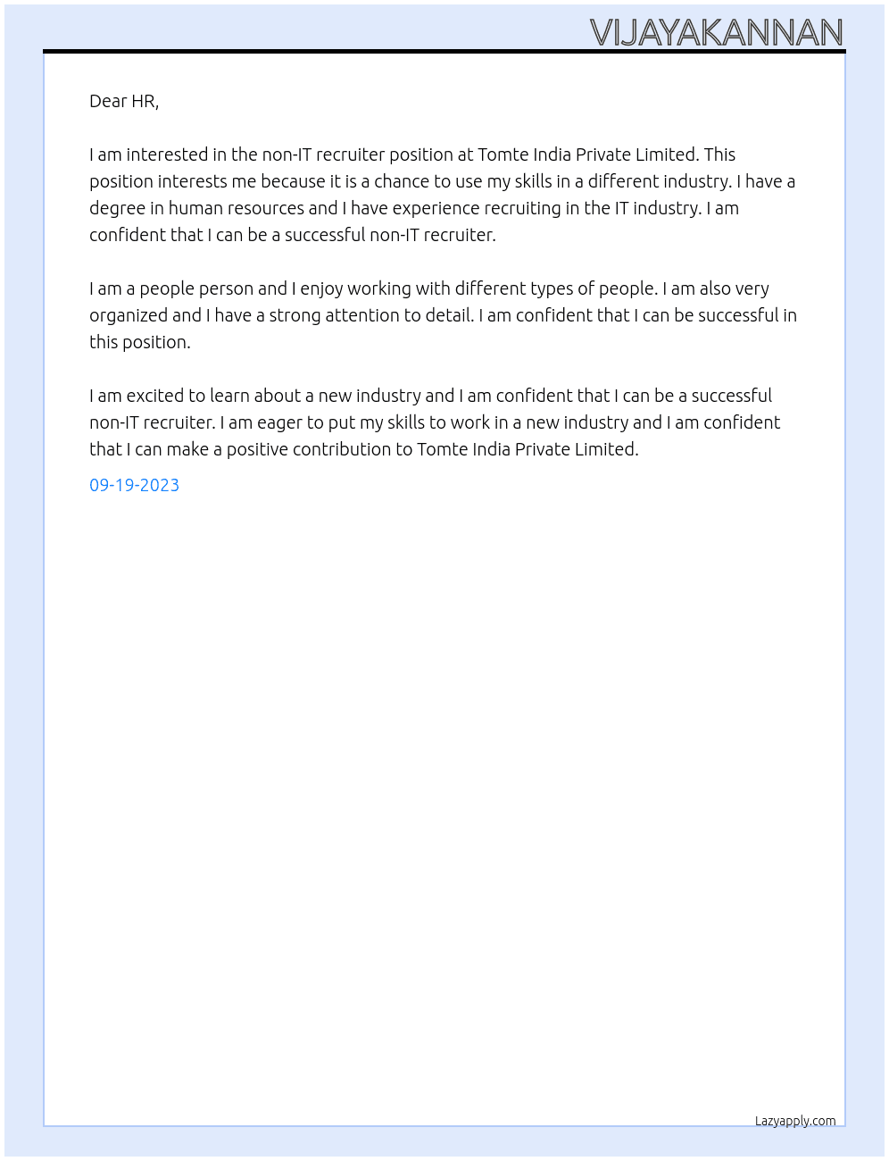 Non it recruiter  At Tomte india private limited  Cover Letter