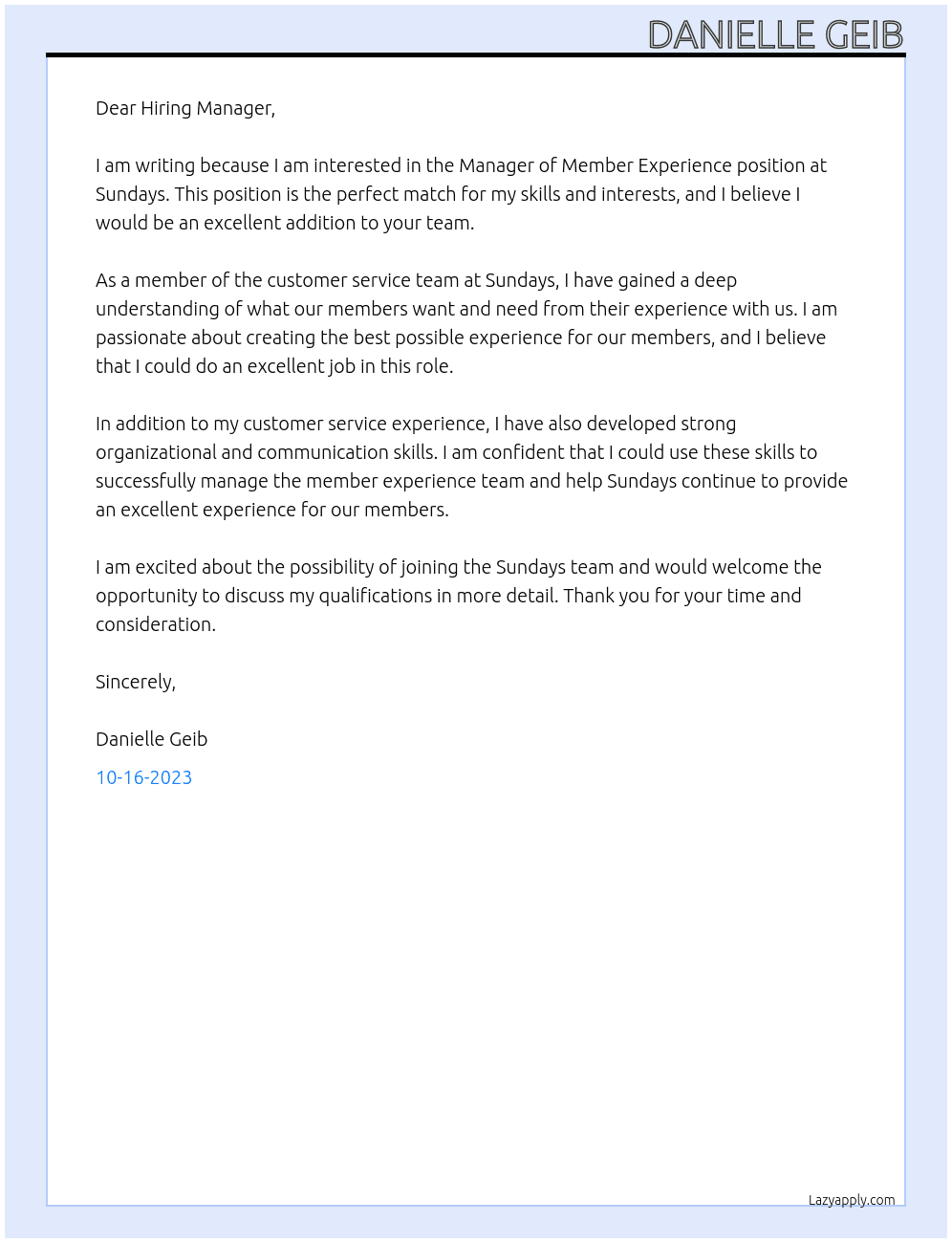 Manager of Member Experience At Sundays Cover Letter