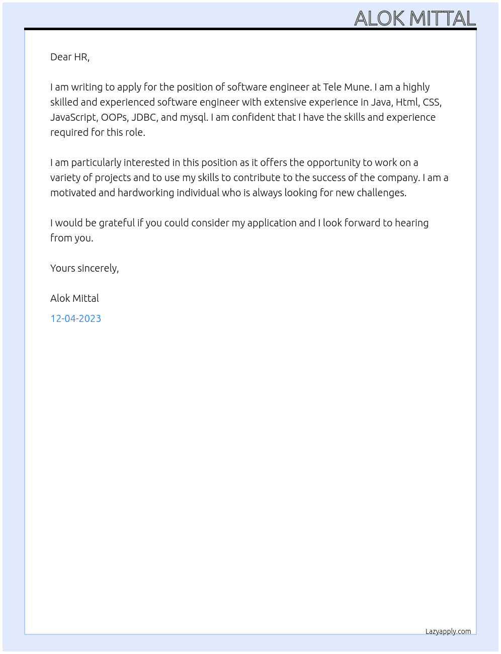 software enginner At Tele Mune Cover Letter