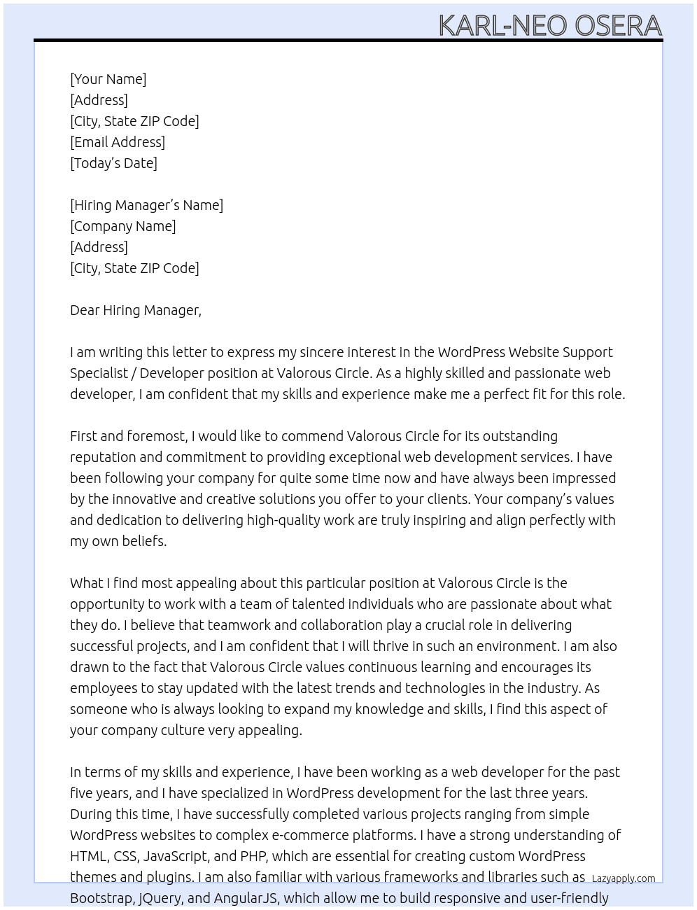 WordPress Website Support Specialist / Developer At Valorous Circle Cover Letter