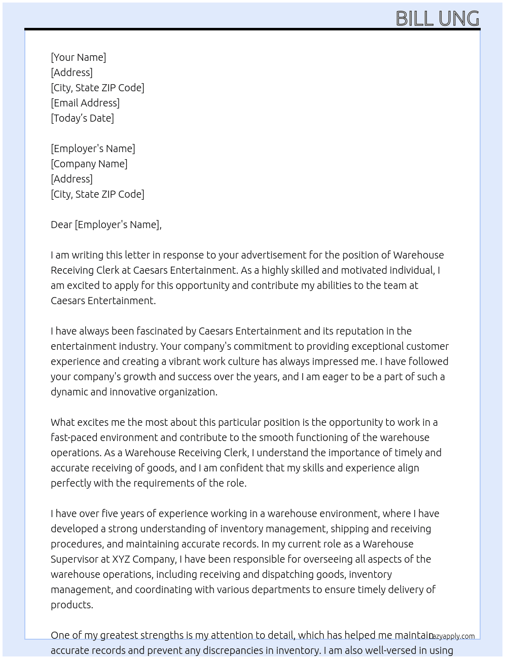 Warehouse Receiving Clerk At Caesars Entertainment Cover Letter