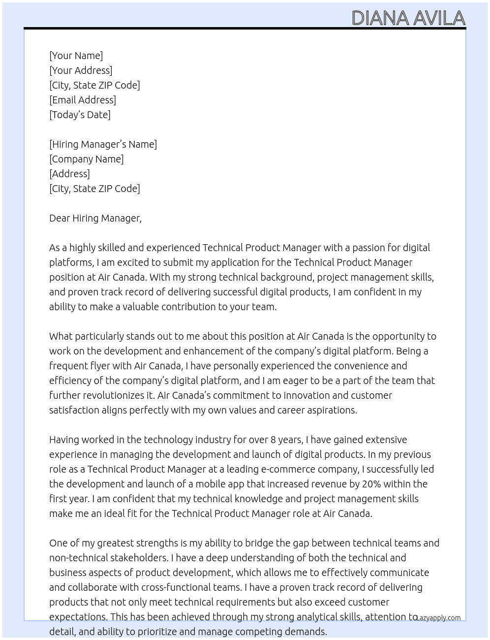 Technical Product Manager, Digital Platform At Air Canada Cover Letter