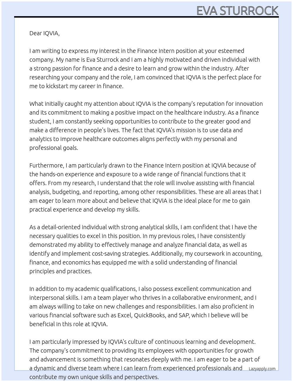 Finance Intern At IQVIA Cover Letter