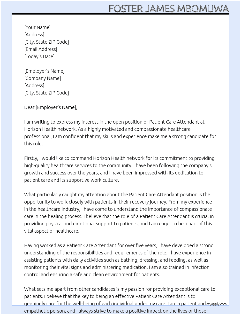 Cover letter for cover letter for patient care attendant at - LazyApply