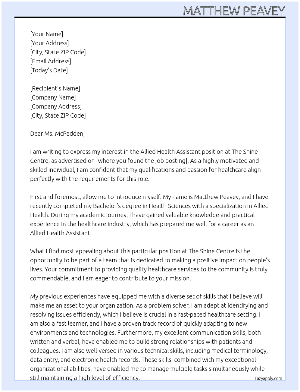 Allied Health Assistant At The Shine Centre Cover Letter