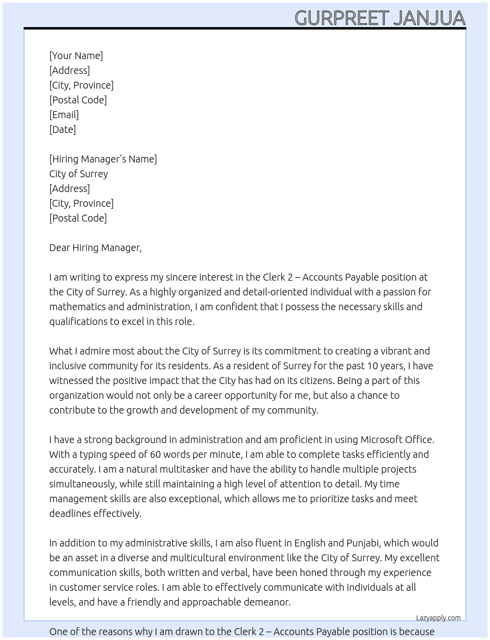 Clerk 2 - Accounts Payable  At City of Surrey Cover Letter