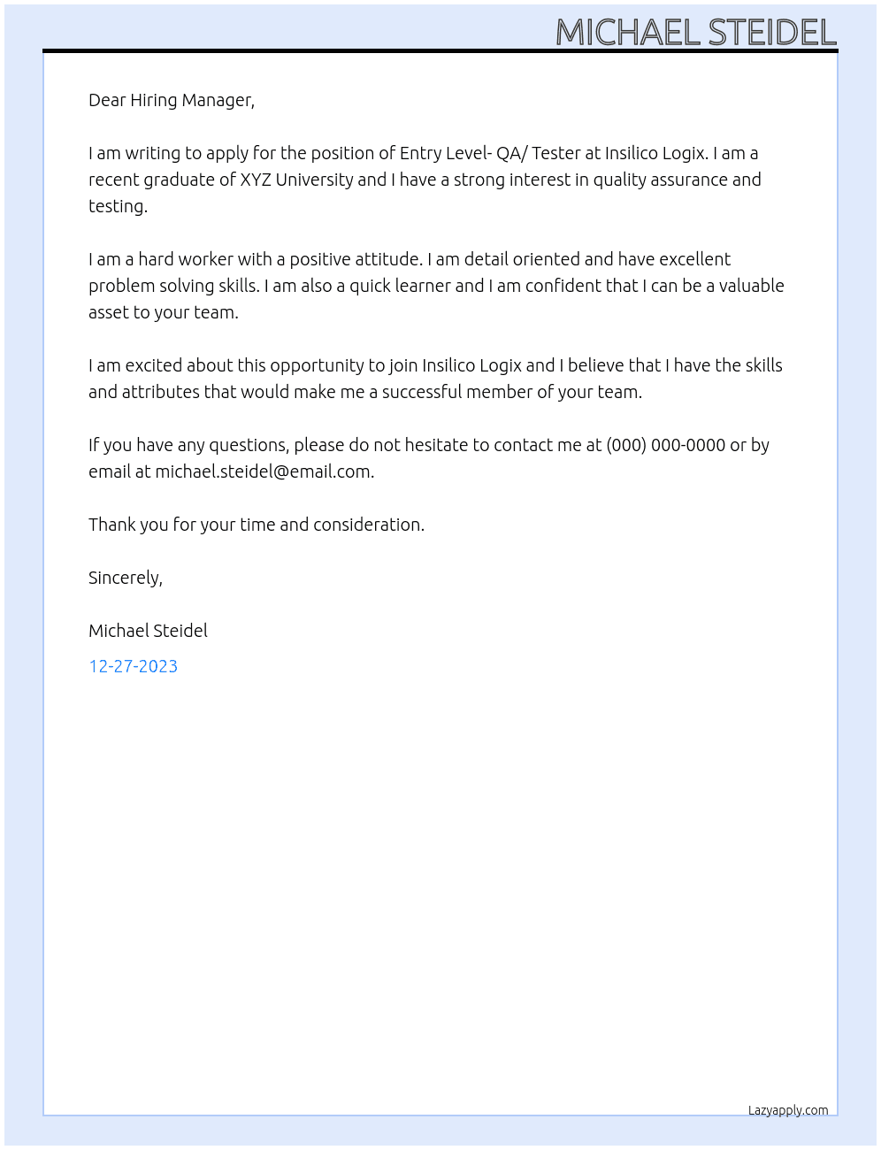Entry Level- QA/ Tester At Insilico Logix Cover Letter