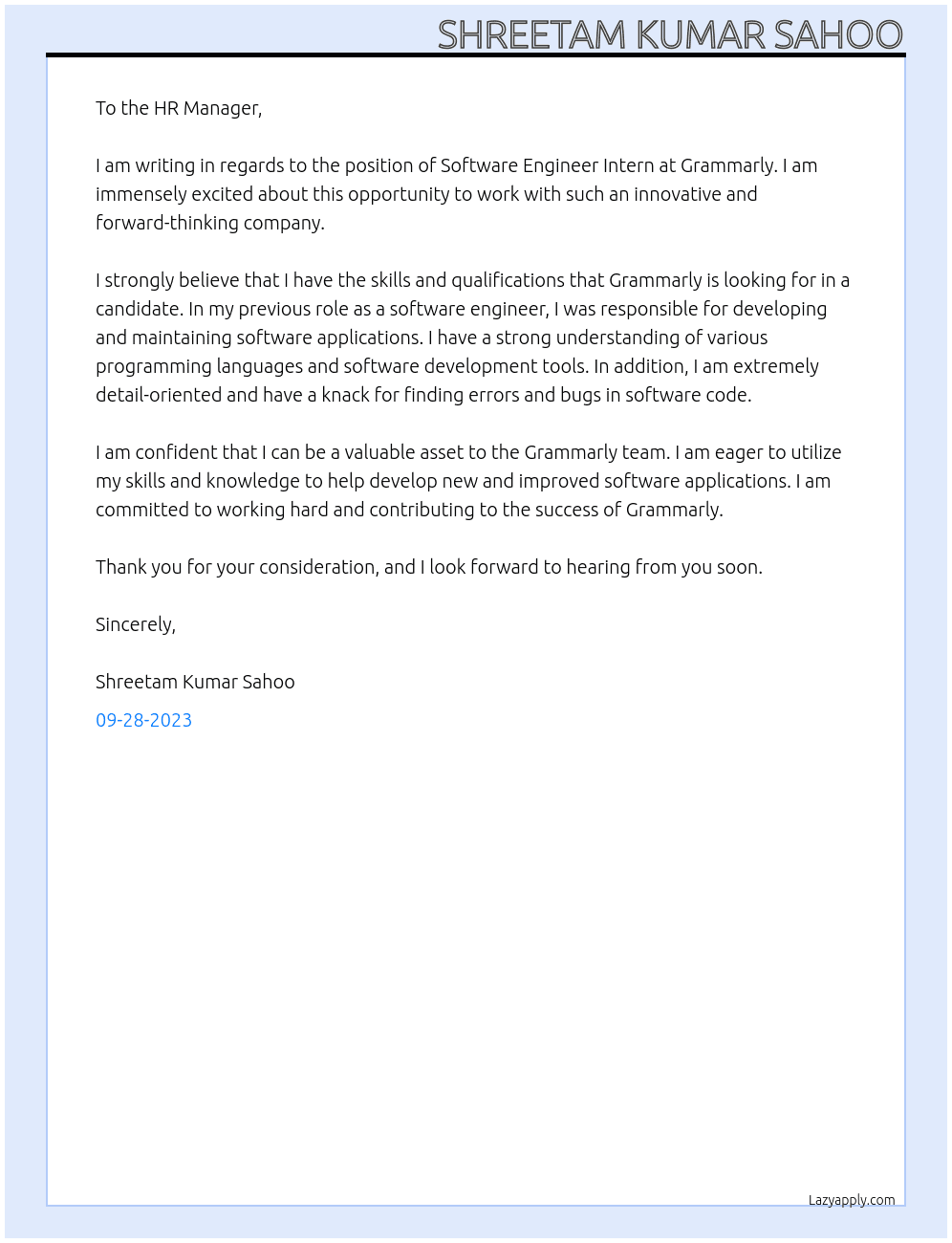 Software Engineer Intern At Grammarly Cover Letter