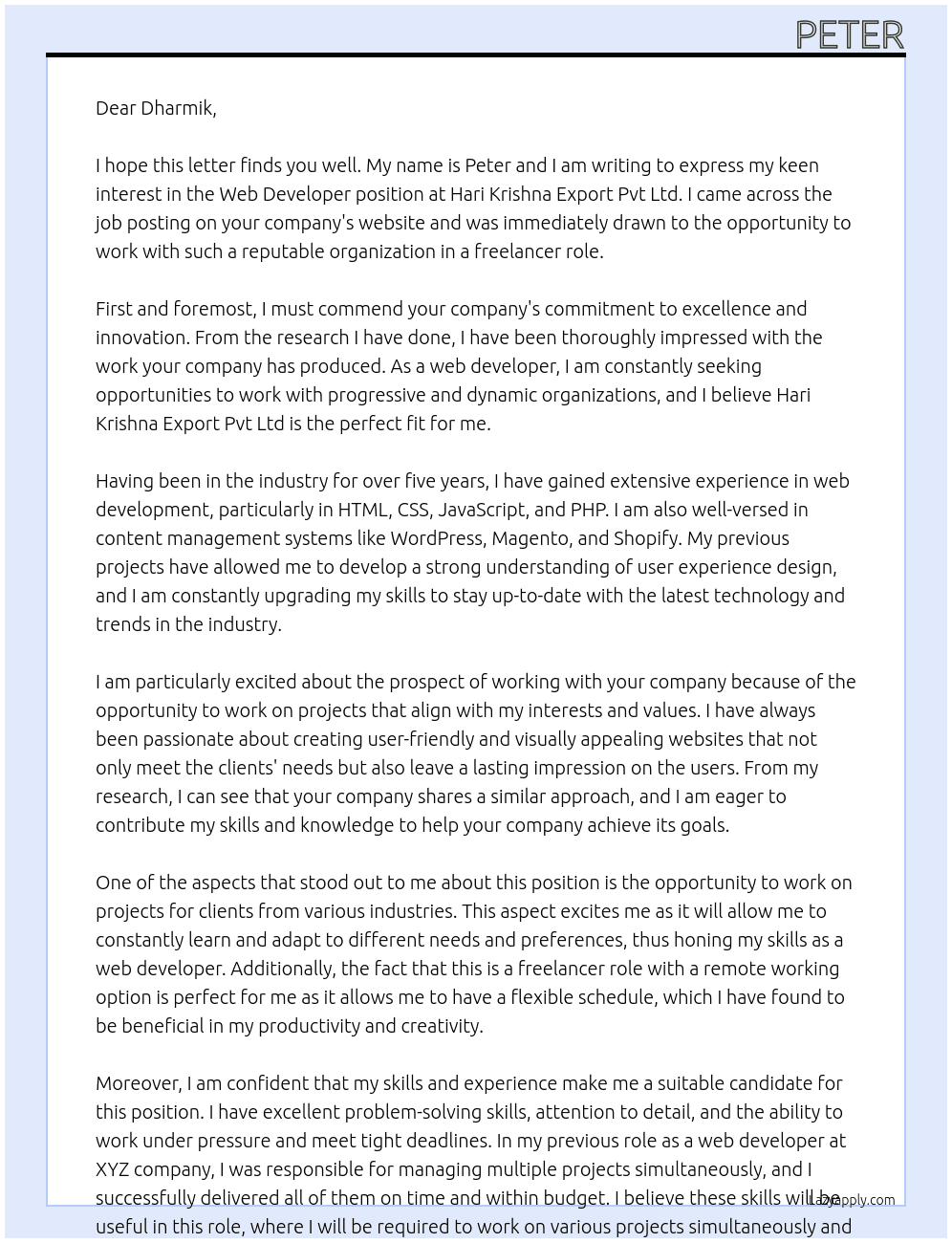Web developer At Hari Krishna Export Pvt Ltd Cover Letter