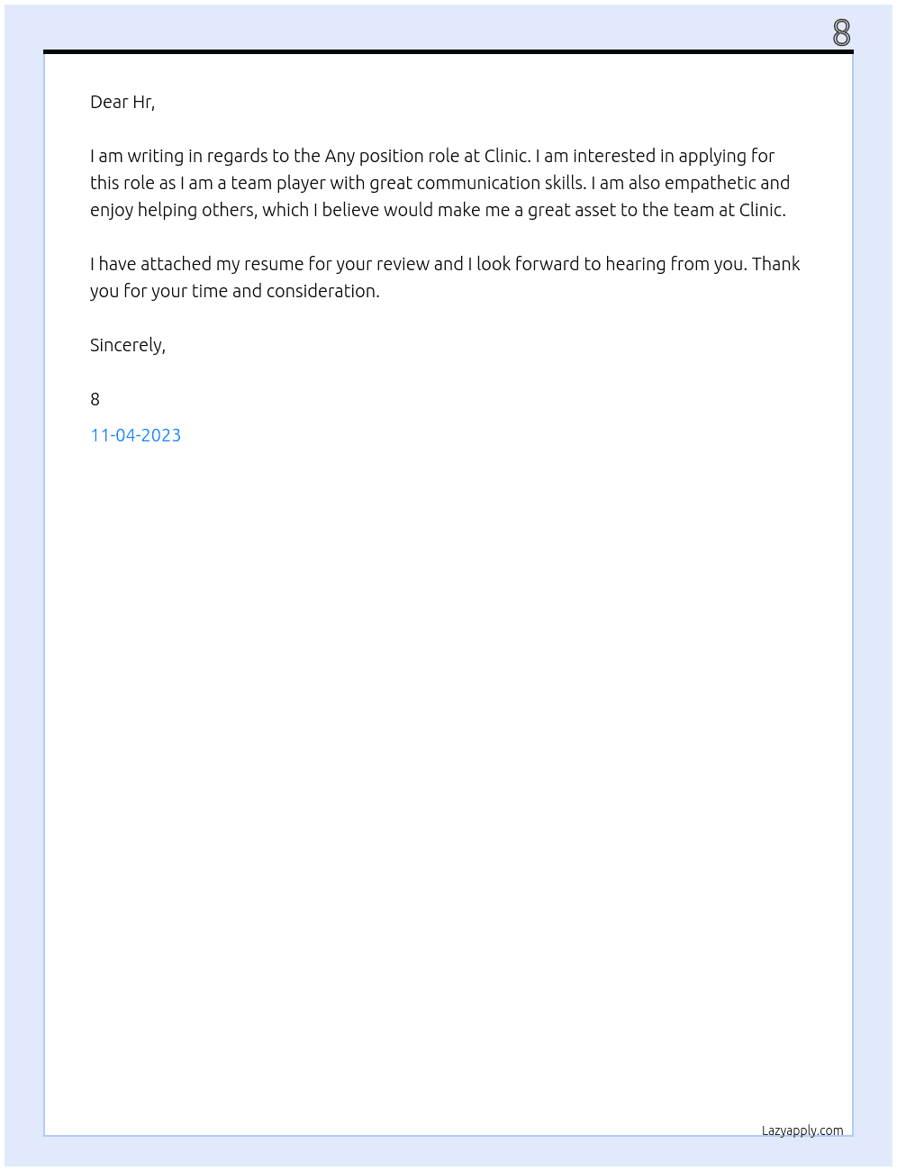 Any position  At Clinic  Cover Letter